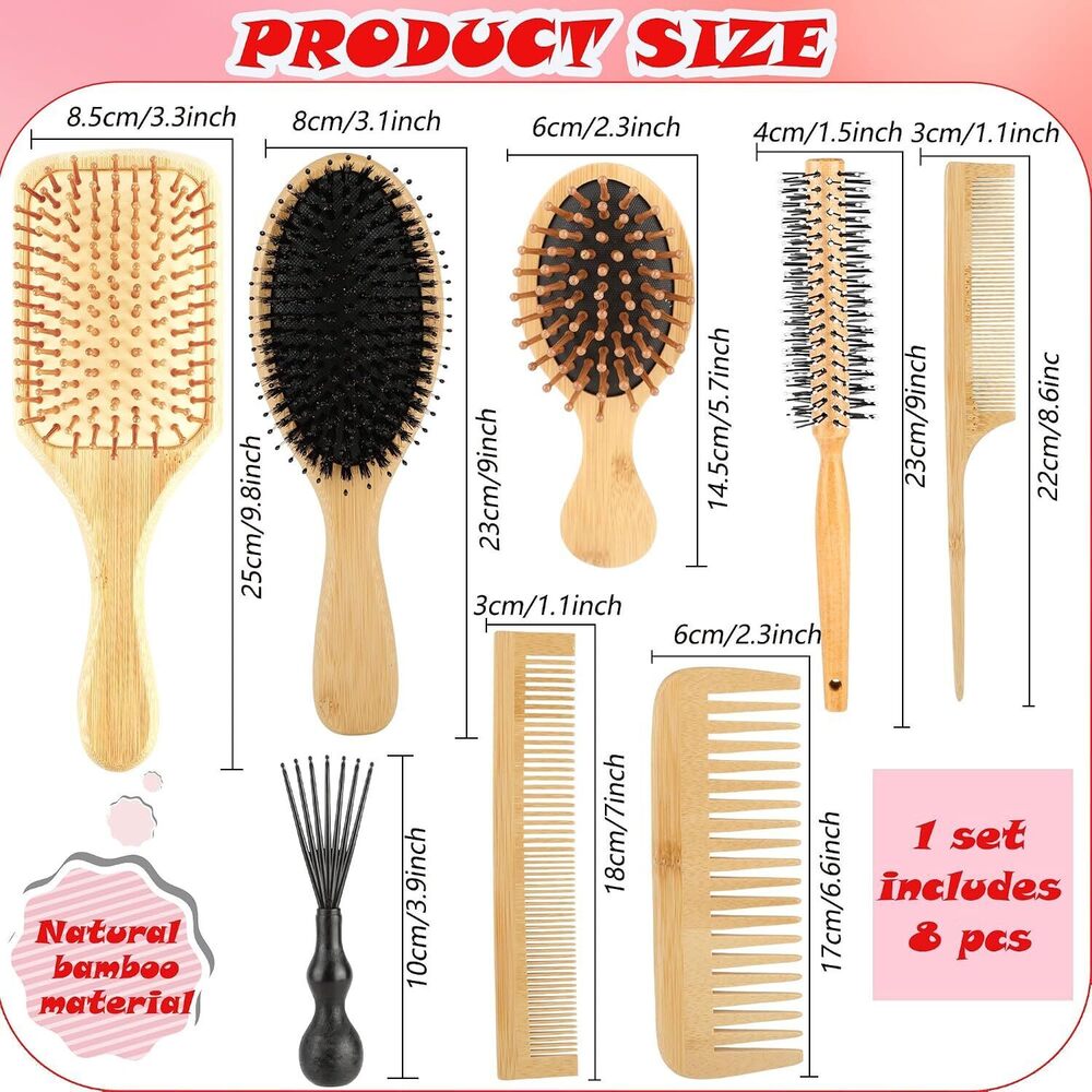 8 Pcs Bamboo Hair Brush Set Natural Wooden Brushs and Comb Kit with Paddle - Picture 2 of 7